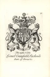 Vapensköld och vapen av den högra adelige Lionel Cranfield Sackville, hertig av Dorset