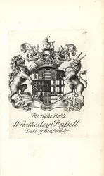 Vapensköld och vapen av den högra adelsmannen Wriothesley Russell, 3:e hertigen av Bedford