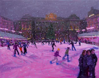 Julskridskoåkning, Somerset House med rosa ljus.2014