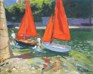 Flickor med segelbåtar Looe , 2014,