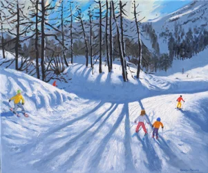 Långa trädskuggor och skidåkare, Tignes, 2016-2019