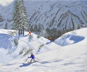 Tre skidåkare, Kitzbuehel, Österrike, 2024 (olja på duk)