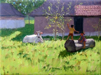 VITA KO OCH TVÅ BARN, MANKOTTA ISLAND, KERALA, INDIEN