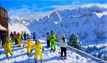 Unga skidåkare i gult, Val Gardena Italy.12x20