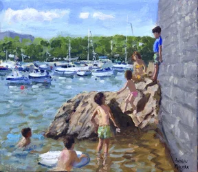 klättring på stenar, Tenby Harbour, 2016,