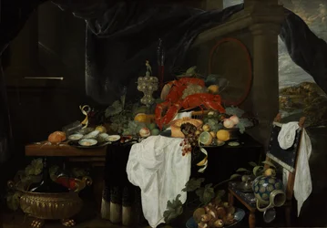 Ett Pronk-stilleben med frukt, ostron och hummer