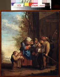 ""Säljaren av glasögon, eller synens allegori"" (Bögglasögonsäljaren. Syn (Ur serien De fem sinnena) Målning av Andries Dirksz Both (1608-1641) 1600-talets statliga konstmuseum Tula Ryssland