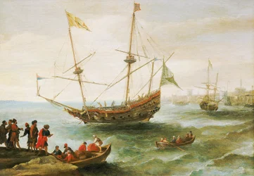 En algerisk båt ankrar i en hamn i Barbariet (namn som européerna gav Nordafrikas kust från 1500-talet till 1800-talet). Oljemålning av Andries van Eertvelt (1590-1652).