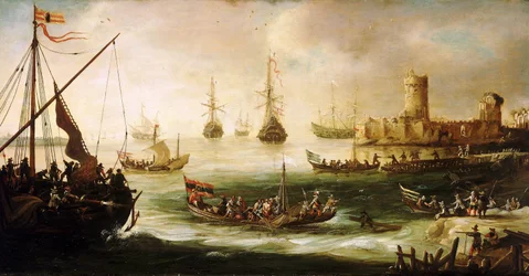 En spansk expeditions återkomst, olja på trä, av Andries van Eertvelt (1590-1652).