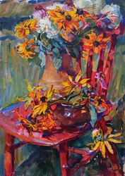 Gul blommor, röd stol