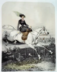En ung ryttare i Amazonas som hoppar en barriär Litografi av Ange Louis Jawe Lange (1815-1872) Privat samling från 1800-talet