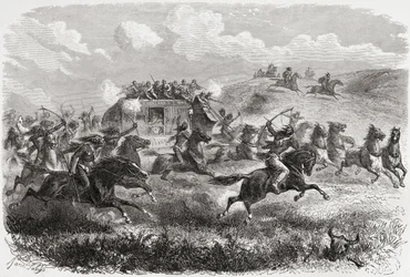 Indianer attackerade en transkontinental diligens 1867, illustration från 