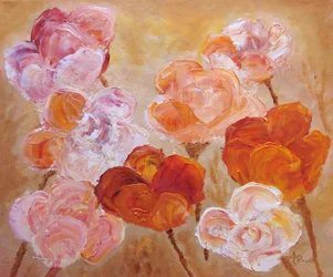 Rosa persikafärgade blommor i impasto-teknik