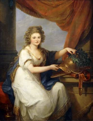 Porträtt av grevinnan Catherine Skavronska, sittande tre fjärdedels längd, i nyklassisk klänning, vid en draperad gardin, prydd med en hjälm, inskriven "Potemkin Taurico", med en krans, 1789