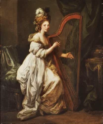 Porträtt av Elizabeth Ewer, i full längd, sittande i en vit klänning med en gul sjal, spelar en harpa, i en interiör, ca 1768-73