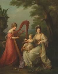 Porträtt av Lady Elizabeth Smith-Stanley, grevinna av Derby, med sin lille son Edward, senare 13:e earlen av Derby, och sin halvsyster, Lady Augusta Campbell, som spelar harpa
