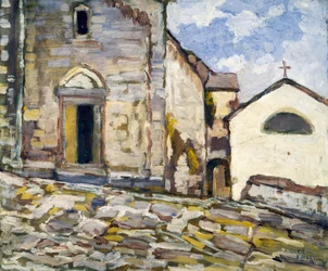 Fasad av en kyrka, av Angelo Balbi (1872-1939). Italien, 1900-talet.
