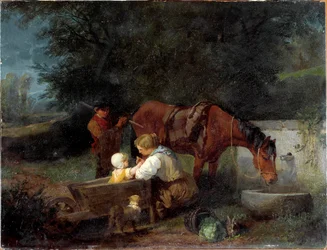 En bonde med sitt barn, en bondpojke och en häst Målning av Angelo Beccaria (1820-1897)