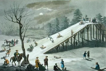Snöbild i en rysk offentlig park, tidigt 1800-tal (färgad gravyr)