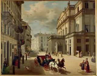 Fasaden på Teatro della Scala, Milano, byggd av Giuseppe Piermarini (målning på duk)