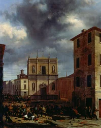 The tio days of Brescia, av Angelo Inganni (1807-1880), olja på duk, 38x45 cm