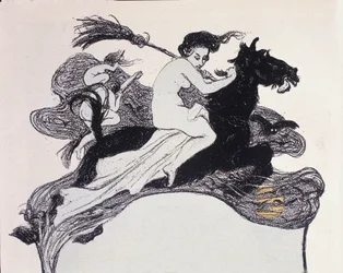 Häxor som rör sig i luften. Illustration av Angelo Jank (1868-1940) för Jugend