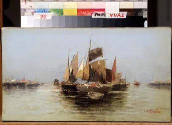 "Segelbåtar" Målning av Angelo Maria Costa (1670-1721) Statens konstmuseum från 1600-talet, Tula, Ryssland