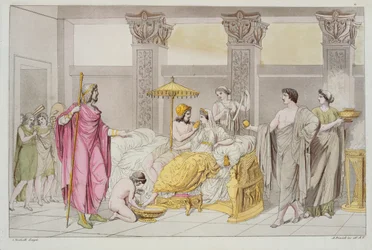 Ulysses och Penelopes bröllop, illustration från Le Costume Ancien ou Moderne av Jules Ferrario, graverad av A. Biasoli, Milano 1821 (färgstick)