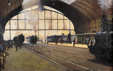Centralstationen, Milano av Angelo Morbelli (1853-1919) Olja på duk