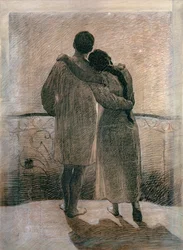 Ungt par, central panel från Dream and Reality Triptych, 1905 (penna och kol på papper)