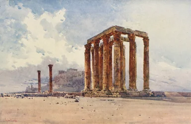 Kolumner av den olympiska Zeus, Aten (färg litho)