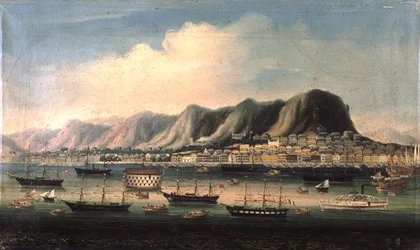 Utsikt över Hong Kong, med en fängelsehulk och en paddlesteamer i hamnen (olja på duk)