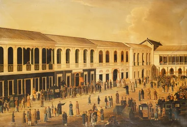 En utsikt över Hongs vid vattnet i Canton, ca. 1825