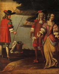 Fyrfaldig dubbelsidig skärm, ca 1700 (målad duk och läder) (detalj av 3248382)
