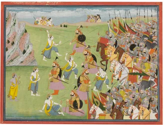 En målning från Mahabharata: Balabhadra Fighting Jarasandha, Kangra och Garhwal, c.1810-20