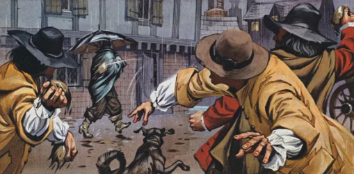 Arga kuskar kastar jord på män med paraplyer (färglitografi)