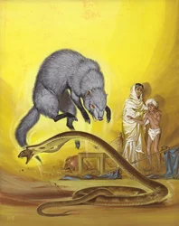 Mongoose dödar orm i indiskt hem (gouache på papper)