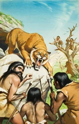 Sabeltandad tiger och grottmänniskor (gouache på papper)