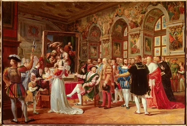Frans I:s århundrade: Frans I, kung av Frankrike, mottog i Fontainebleau målningen av den heliga familjen, sänd från Rom av Rafael (Raffaello Sanzio, italiensk målare) som en hyllning till hans tacksamhet. Vid hans sidor urskiljer vi: (Del till vänster o