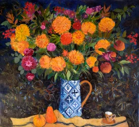 Orange krysantemum på en gobelängduk, 2022 (akryl)