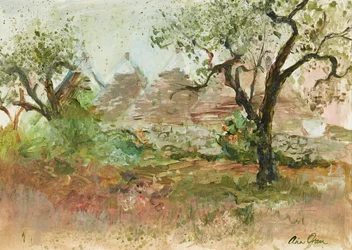 Trulli och olivträd (akvarell och gouache)