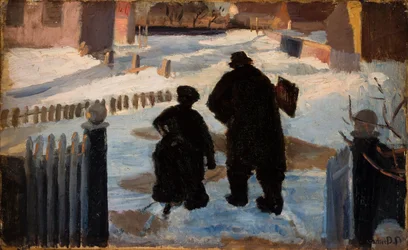 Michael Ancher på väg till sin studio tillsammans med organisten Helene Christensen.