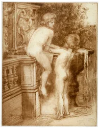 "Två pojkar vid en vattenfontän", c1864-1930