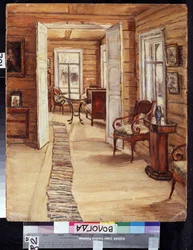 Interiör av L.Panteleyevs godshus i Murmanov (Ryssland). Beskrivning av möbler och dekoration av trähuset. Målning av Anna Nikolajevna Karinskaja (1871-1931), olja