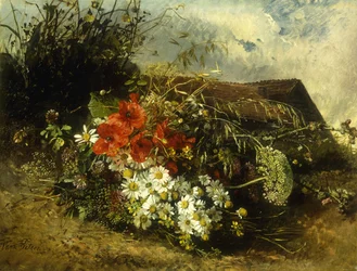 Vilda blommor på en bank, med en stuga bortom
