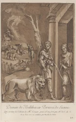 En herde som håller ett lejon i koppel i förgrunden, i mitten sh..., ca. 1729-64
