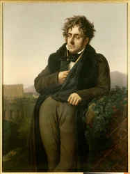 Porträtt av Francois Rene, Viscount of Chateaubriand (1768-1848) som mediterar på ruinerna av Rom framför utsikten över Colisee