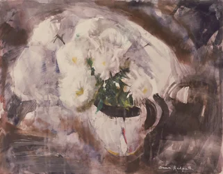 Vita blommor i en vit kanna, ca 1960 (akvarell på papper)