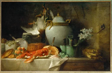Vase, homard, fruits et gibier - Stilleben med vas, hummer, frukt och spel ...