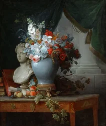 Vas med blommor och byst av Flora